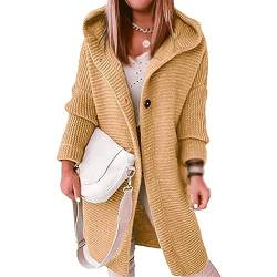 Awoyep Grobstrickjacke Damen Festliche Lange Longstrickjacke Damen mit Kapuze Dicker Strick Winter Cardigan für Frauen Langarm Einfarbig Cardigan Frauen mit Knöpfen Warm Strickmantel (Color : Yellow von Awoyep