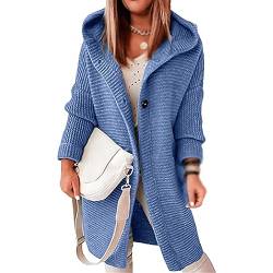 Awoyep Grobstrickjacke Damen Festliche Lange Longstrickjacke Damen mit Kapuze Dicker Strick Winter Cardigan für Frauen Langarm Einfarbig Cardigan Frauen mit Knöpfen Warm Strickmantel (Color : Blue, von Awoyep