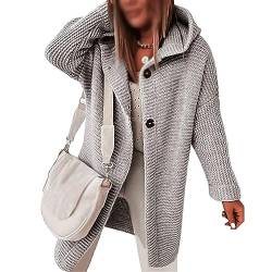 Awoyep Grobstrickjacke Damen Festliche Lange Longstrickjacke Damen mit Kapuze Dicker Strick Winter Cardigan für Frauen Langarm Einfarbig Cardigan Frauen mit Knöpfen Warm Strickmantel (Color : Gray, von Awoyep