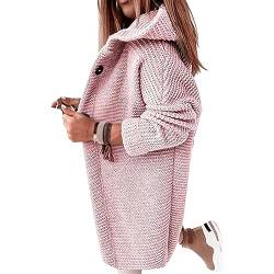 Awoyep Grobstrickjacke Damen Festliche Lange Longstrickjacke Damen mit Kapuze Dicker Strick Winter Cardigan für Frauen Langarm Einfarbig Cardigan Frauen mit Knöpfen Warm Strickmantel (Color : Pink, von Awoyep