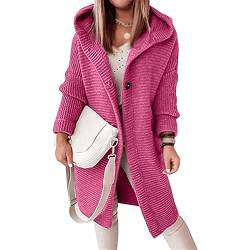 Awoyep Grobstrickjacke Damen Festliche Lange Longstrickjacke Damen mit Kapuze Dicker Strick Winter Cardigan für Frauen Langarm Einfarbig Cardigan Frauen mit Knöpfen Warm Strickmantel (Color : Rose re von Awoyep