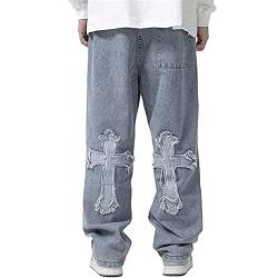 Awoyep Herren Baggy Jeans Hip Hop Jeans Casual Cargo Jeans Baggy Fit Hose Skater Skateboard Hose Baggy Jeans Herren Bedruckte Hose (Color : Blue, Size : L) von Awoyep