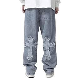 Awoyep Herren Jeans Hosen Y2K Bedruckte Baggy Hip Hop Jeans Gerades Bein Gewaschene Skateboard Jeanshosen Vintage Jungen Jeans Breite Hosen (Color : Blue, Size : S) von Awoyep