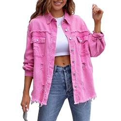 Awoyep Jeansjacke Damen Lässig Einfarbig Denim Reverskragen Jacket mit Knöpfen Jacke Langarm Revers Leichte Jeans Jacket Coat Outwear mit Taschen (Color : Pink, Size : XL) von Awoyep