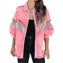 Awoyep Jeansjacke für Damen, Ausgefranster Saum, Knopfleiste, Distressed Jean Shacket Trucker Jacke Damen Jeansjacke, Übergroß, mit Nieten, mit Kette und Fransen (Color : Pink, Size : L) von Awoyep