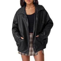 Awoyep Lederjacke Damen Oversize Lang Kunstleder Motorrad Bikerjacke PU Leather Herbst Winter Mantel Bomber Jacke Outwear Streetwear Oberteile Coat (Color : Black1, Size : M) von Awoyep