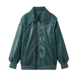 Awoyep Lederjacke Damen Oversize Lang Kunstleder Motorrad Bikerjacke PU Leather Herbst Winter Mantel Bomber Jacke Outwear Streetwear Oberteile Coat (Color : Green, Size : XL) von Awoyep