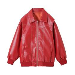 Awoyep Lederjacke Damen Oversize Lang Kunstleder Motorrad Bikerjacke PU Leather Herbst Winter Mantel Bomber Jacke Outwear Streetwear Oberteile Coat (Color : Red, Size : M) von Awoyep