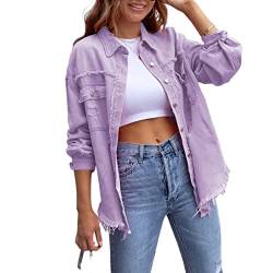 Awoyep Oversized Jeansjacken für Damen, Lose, Langärmlige Jean Jacke mit Modischer Zerrissenheit, Lässige Basic Jeansjacke mit Lange Casual Waschung (Color : Purple, Size : L) von Awoyep