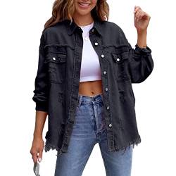 Awoyep Oversized Jeansjacken für Damen, Lose, Langärmlige Jean Jacke mit Modischer Zerrissenheit, Lässige Basic Jeansjacke mit Lange Casual Waschung (Color : Schwarz, Size : S) von Awoyep