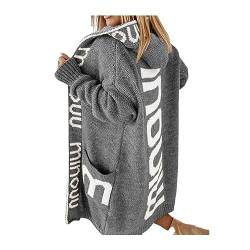 Awoyep Strickjacke Damen Grobstrick Cardigan Lang Buchstabe Cardigan Langarm Grobstrickjacke Strickmantel mit Kapuze Wintermäntel Longstrickjacke Outwear ÜBergangsjacke (Color : Gray, Size : XXL) von Awoyep