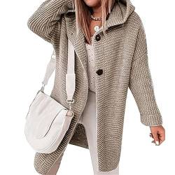 Awoyep Strickjacke Damen Grobstrick Cardigan Lang Damen Einfarbig Langarm Grobstrickjacke Strickmantel mit Kapuze Wintermäntel Longstrickjacke Outwear Elegant ÜBergangsjacke (Color : Khaki, Size : X von Awoyep