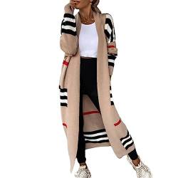 Awoyep Strickjacke Damen Lang Gestreift Cardigan Feinstrick Jacke Oversize Offen Frühling Herbst Outerwear mit Taschen Lässige Langarm Coat Mantel (Color : Camel, Size : XXL) von Awoyep