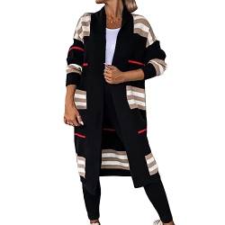 Awoyep Strickjacke Damen Lang Gestreift Cardigan Feinstrick Jacke Oversize Offen Frühling Herbst Outerwear mit Taschen Lässige Langarm Coat Mantel (Color : Schwarz, Size : XXL) von Awoyep