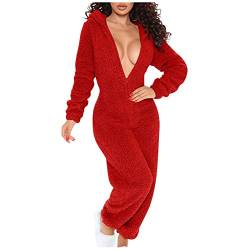 Awrvia Angebote des Tages Heute Deal Damen Schlafanzug Elegant Overall Einteiler Fleece Pyjama Warm Plüsch Jumpsuit Sport Nachtwäsche Y2k Zip Up Hooded mit Tasche Onesie Lässig Wärmer Homewear von Awrvia