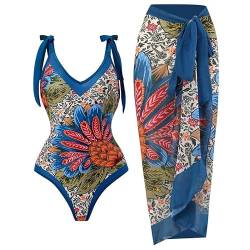 Awrvia Badeanzug Damen Sport Zweiteilig V Ausschnitt Badekleid Elegant Blumen Gedruckt Schwimmrock Set Sexy Mode Badeanzugkleid Sport Langer Schwimmanzug Vintage Monokini Schlanke Strandmode von Awrvia