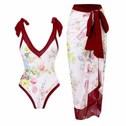 Awrvia Badeanzug Damen Sport Zweiteilig V Ausschnitt Badekleid Elegant Blumen Gedruckt Schwimmrock Set Sexy Mode Badeanzugkleid Sport Langer Schwimmanzug Vintage Monokini Schlanke Strandmode von Awrvia