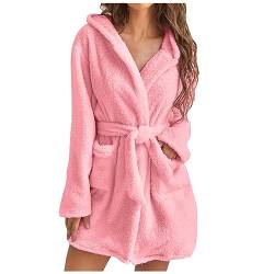 Awrvia Bademantel Damen Leicht Morgenmantel mit Taschen Reisebademantel Frottee Microfaser Saunamantel Lang Langarm Bathrobe V-Ausschnitt mit Kapuze und Gürtel Hausmantel Bequeme Pyjama von Awrvia