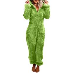 Awrvia Jumpsuit Damen Elegant Onesie Teddy Fleece Einteiler Onesie Schlafanzug Winter Große Größe Overall Kuschelig Lang Pyjama Flauschig Weich Hausanzug mit 3D Kapuze Reißverschluss Schlafoverall von Awrvia