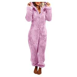 Awrvia Jumpsuit Damen Große Größe Overall Teddy Fleece Einteiler Onesie Lang Bequemer Pyjama Flauschig Plüsch Hausanzug Anzug Warm Schlafanzug Flauschig und Kuschelig Hooded mit Ohren Loungewear von Awrvia