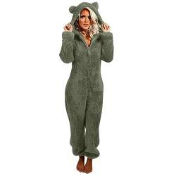 Awrvia Jumpsuit Damen Große Größe Overall Teddy Fleece Einteiler Onesie Lang Bequemer Pyjama Flauschig Plüsch Hausanzug Anzug Warm Schlafanzug Flauschig und Kuschelig Hooded mit Ohren Loungewear von Awrvia