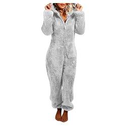 Awrvia Jumpsuit Damen Winter Overall Teddy Fleece Einteiler Onesie Warm Elegant Schlafanzug Kuschelig Lang Pyjama Flauschig Weich Hausanzug mit Kapuze Reißverschluss Schlafoverall Lässig Homewear von Awrvia