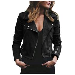 Awrvia Kunstlederjacke Damen Motorrad Oversized Jacke klassisch Bikerjacke Elegant Retro Lederjacke Reißverschluss Mantel Kurz Leicht Übergangsjacke Vegan Mode Windjacke Outdoor Mantel von Awrvia