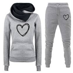 Awrvia Trainingsanzug Damen Lang Jogginghosen Lockere Modische Hose Zweiteiler Sportlich Pullover Lässig Sporthosen 2-Teilig Set Heartbeat Druck Hoodies 2 Stück Freizeitanzug Y2K Kapuzenjacke von Awrvia