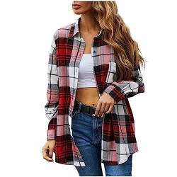 Karierte Bluse Damen Klassisch Karohemd Flanell Bluse Langarm Knopfleiste Baumwolle Hemd Bluse Casual Weich Shirt Schickes Vintage Trachtenhemd Sportlich Übergang Jacken Lang Mantel von Awrvia