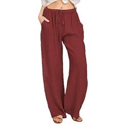 Sommerhose Damen Leicht Freizeithose Loose Fit Sweathose Straight Bein Hose Lange Elegant Leinenhose Mädchen Casual Strandhose Einfarbiges Mode Stoffhose Retro Jogginghose Pendler Yogahose von Awrvia