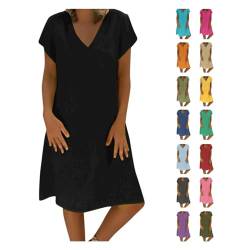 Sommerkleid Damen Leinen Kleider Leicht Casual Midikleid Kurzarm A-Linie Freizeitkleid Luftige Strandkleid Swing Partykleid Kuschelig Hemdkleid Slim Fit Tanzkleid Große Größe Partykleid von Awrvia