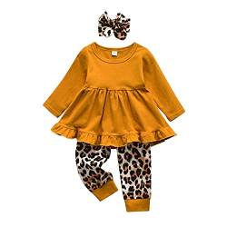 Awxoder Kleinkind Baby Mädchen Kleidung Einfarbige Langarm Rüschen Tops Blume Hosen Bogen Stirnband Outfits Set, Orange, 12-18 Monate von Awxoder