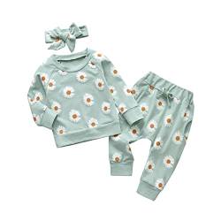 Awxoder Neugeborene Baby Mädchen Kleidung mit Print Blume Langarm Tops für Hosen und Stirnband 3Pcs Outfits Set, Grün, 0-3 Monate von Awxoder
