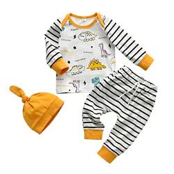 Awxoder Neugeborenes Baby Jungen Kleidung Outfits Muster Langarm T-Shirt mit gestreiften Hosen Hut 3Pcs Kleidung Set, Weiß, 3-6 Monate von Awxoder