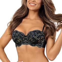 Axami Dame Push-Up BH Glänzende Spitze Sinnlich Verführerisch Gepolsterte Cups Dessous V-10381, Schwarz,70B von Axami