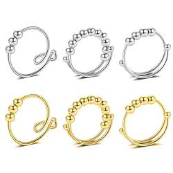 Axbuldo 6pcs Damen Anxiety Ringe Spinner Ring Verstellbar Edelstahl Anti Stress Spinning Ringe Angst Fidget Zappelringe mit Kugeln Geschenke für Frauen Silber Gold von Axbuldo