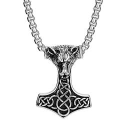 Axbuldo Halskette Gothic Wolfskopf Thors Hammer Herrenkette Edelstahl Keltischer Knoten Herrenhalskette Herren Schmuck mit Weizenkette 23 Zoll für Männer von Axbuldo