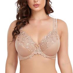 Ayigedu Damen Vollständige Abdeckung Bügel Push Up BH Floral Spitze Plus Size Nicht Gepolstert Komfort Alltag BH, beige, 85F von Ayigedu