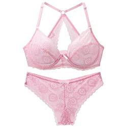 Damen Netz-Spitze, Bügel, nicht gepolsterter BH, sexy weiche Körbchen, Unterwäsche-Sets, rose, 100A von Ayigedu