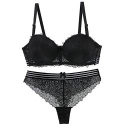 Frauen BHs und Panty Sets Spitze Dessous Set Bügel Push up BH und Tanga Sets Sexy Bralette Unterwäsche, Schwarz , 80D von Ayigedu