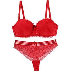 Frauen BHs und Panty Sets Spitze Dessous Set Bügel Push up BH und Tanga Sets Sexy Bralette Unterwäsche, rot, 85B von Ayigedu