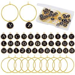 Aylifu 40 Stück Golden Weinglas Charme Ringe Getränkemarker Identifikation und 36 Stück Runde Schwarz Emaille Buchstaben und Zahlen Charms mit Einer Box für Stielgläser Weinprobe Partydekoration von Aylifu