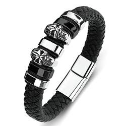 Ayoiow Armband Herren, Armreif Edelstahl Armbänder Herren Leder Schwarz Flechtarmband mit Totenkopf von Ayoiow