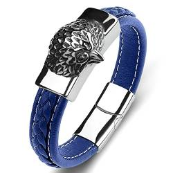 Ayoiow Männer Armband Kette, Armreifen Edelstahl Leder Armband Wikinger Blau Armband mit Eulenkopf von Ayoiow
