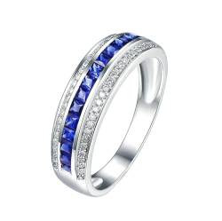 Ayoiow Ringe 18 Karat Ehering Damen Kanal Set Prinzessin Form 0.59ct Blau Saphir Ringe 0.16ct Damenring Steine Ring Blau Weißgold von Ayoiow