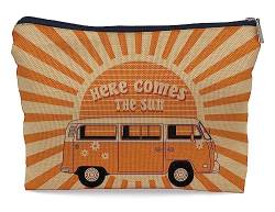 Ayxvt Here Comes The Sun Retro 70er Hippie Orange Bus Sunshine Ray Kosmetiktasche Dekorative Damen Make-up-Tasche Reißverschluss Beutel Reise Toilettenartikel Geburtstagsgeschenk für Teenager Mädchen von Ayxvt