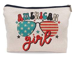 Ayxvt Patriotische Kosmetiktasche mit amerikanischem Mädchen, Vintage-Stil, amerikanische Flagge, Sonnenglas, dekorative Damen-Make-up-Tasche, Reißverschluss-Tasche, Reise-Kultur, Geschenke für Frauen von Ayxvt