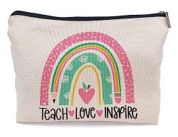 Boho Pink Rainbow Teach Love Inspire Kosmetiktasche, inspirierendes Lehrerleben, dekorative Damen-Make-up-Tasche, Reißverschluss-Tasche, Reise-Toilettenartikel, Lehrer, Wertschätzung, Geschenke für von Ayxvt