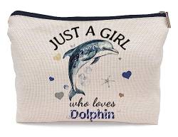 Kosmetiktasche mit Aufschrift Just a Girl Who Loves Delfin, Blaue Aquarell-Delfine, dekorative Make-up-Tasche für Damen, Reißverschluss, Reise-Kultur, Geschenke für Delfinliebhaber, von Ayxvt