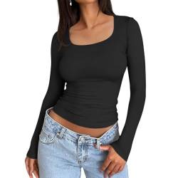 Azazaza Damen Enges Langarmshirt Basic Slim Fit Oberteile T-Shirt Casual Skims Dupe Eckigem Ausschnitt Langarm Crop Top von Azazaza